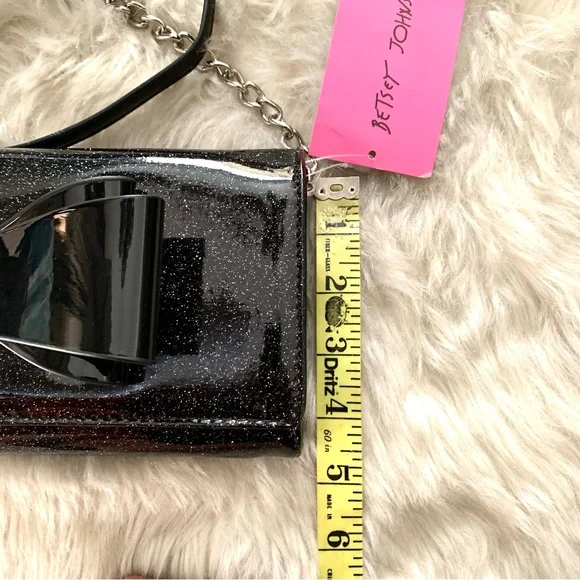 NWT BETSEY JOHNSON BLACK PATENT XOLYLA SHIMMER/GLITTER PURSE CLUTCH WITH BOW - Picture 7 of 12